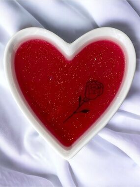 Heart-Shaped Ceramic Red Glitter Ring Tray with Rose Design